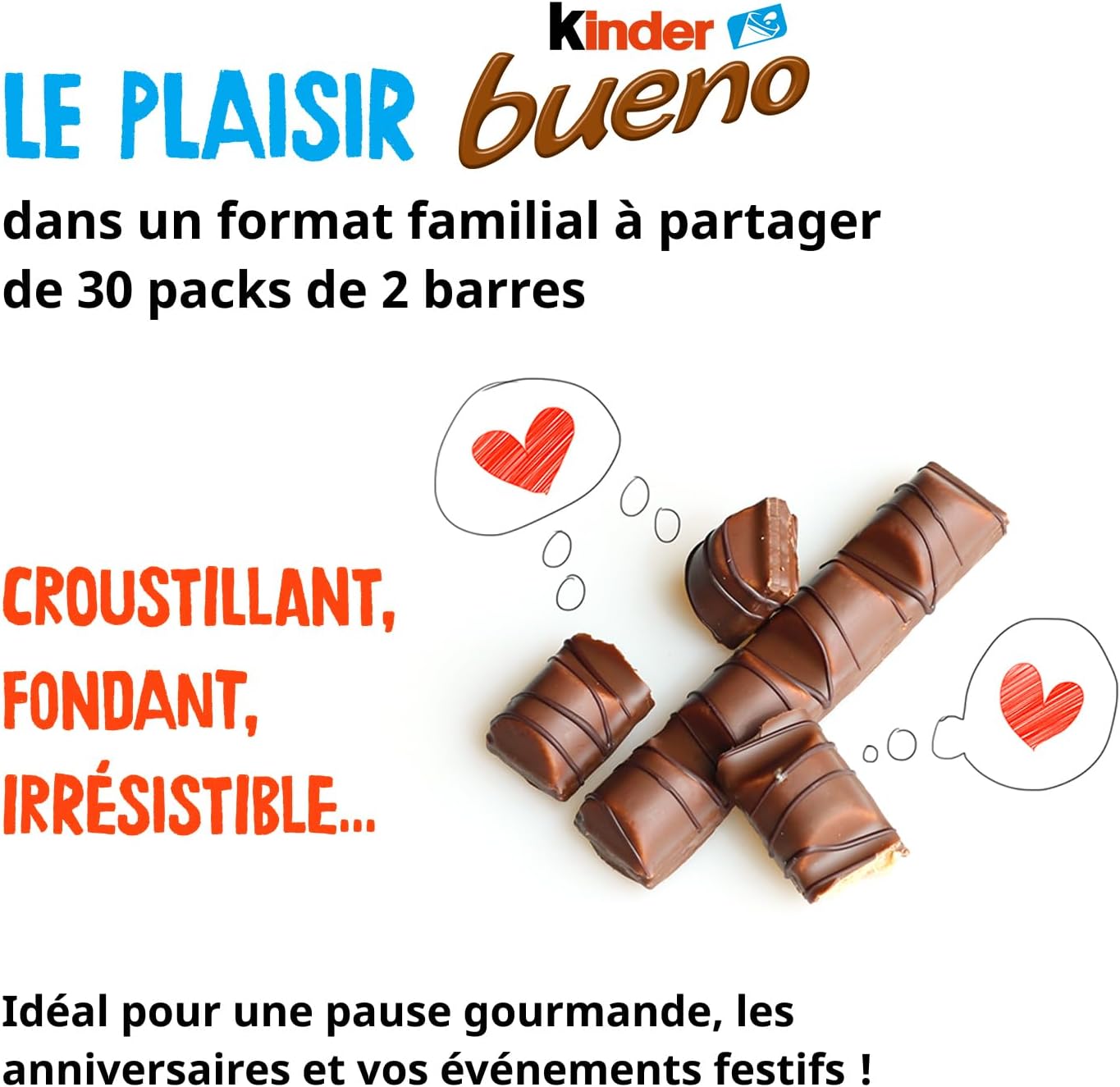 Kinder Bueno - Fine Gaufrette Enrobée de Chocolat au Lait avec un Coeur Lait et Noisettes - Goûter Fondant et Croustillant - Format à partager- 30 x 2 Barres (43g)