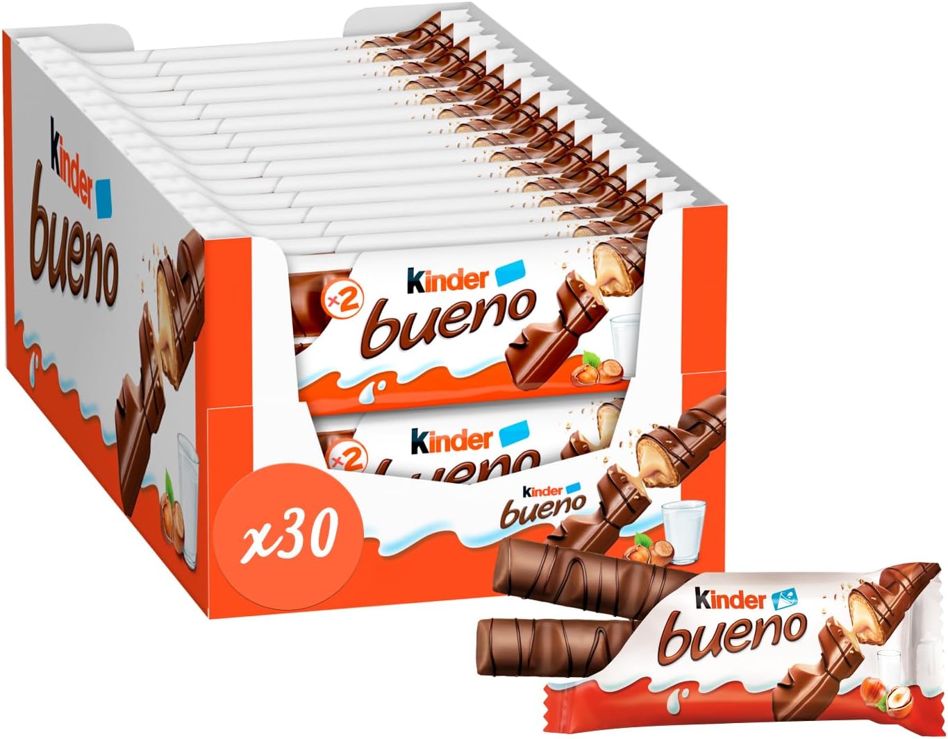Kinder Bueno - Fine Gaufrette Enrobée de Chocolat au Lait avec un Coeur Lait et Noisettes - Goûter Fondant et Croustillant - Format à partager- 30 x 2 Barres (43g)