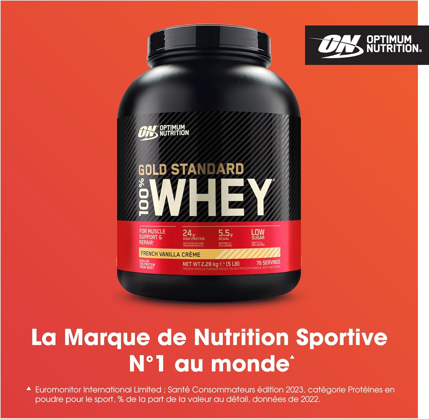 Optimum Nutrition Gold Standard 100% Whey, Protéine, Goût Crème à la Vanille Française, 2.28kg, 76 Doses