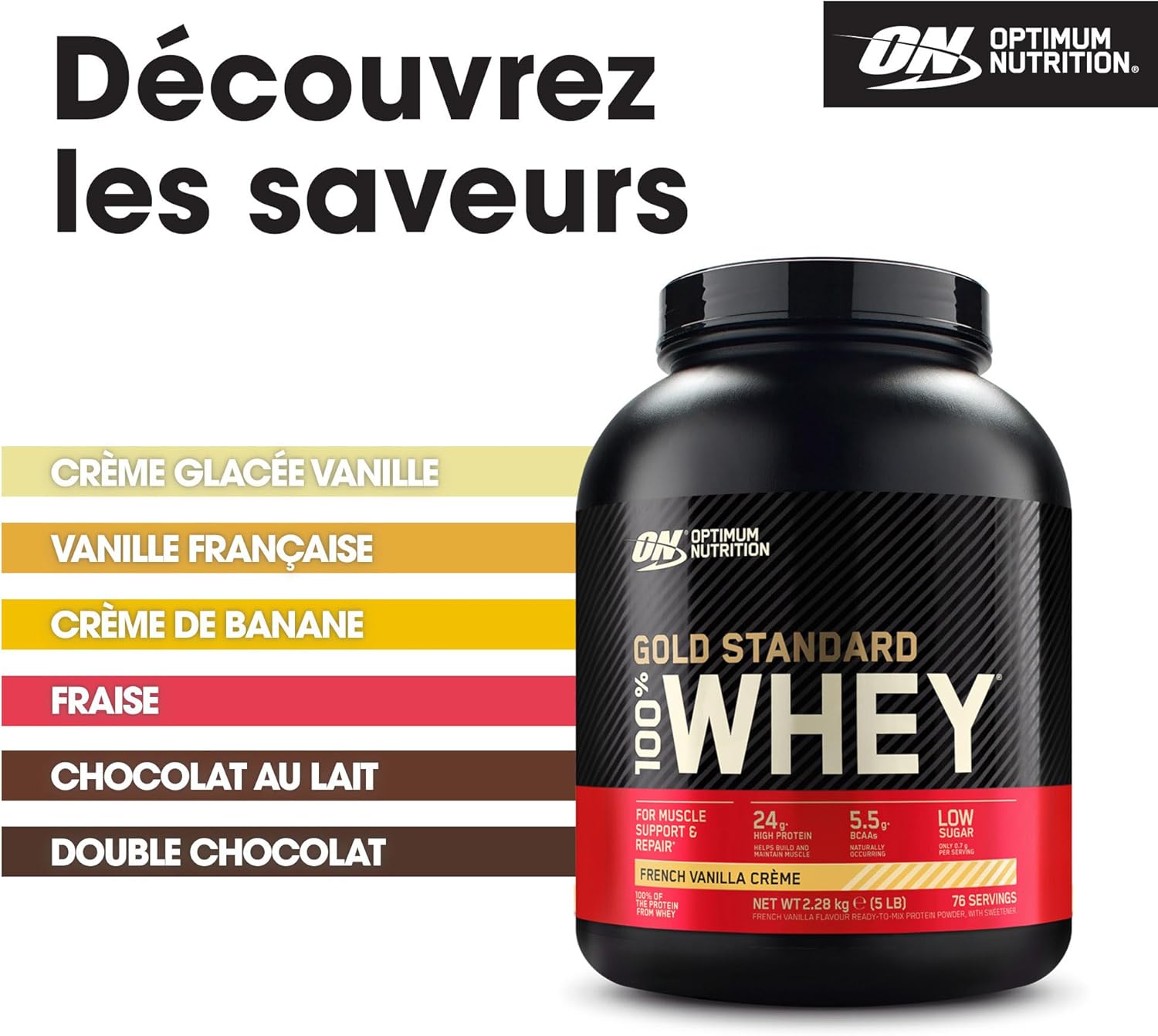 Optimum Nutrition Gold Standard 100% Whey, Protéine, Goût Crème à la Vanille Française, 2.28kg, 76 Doses