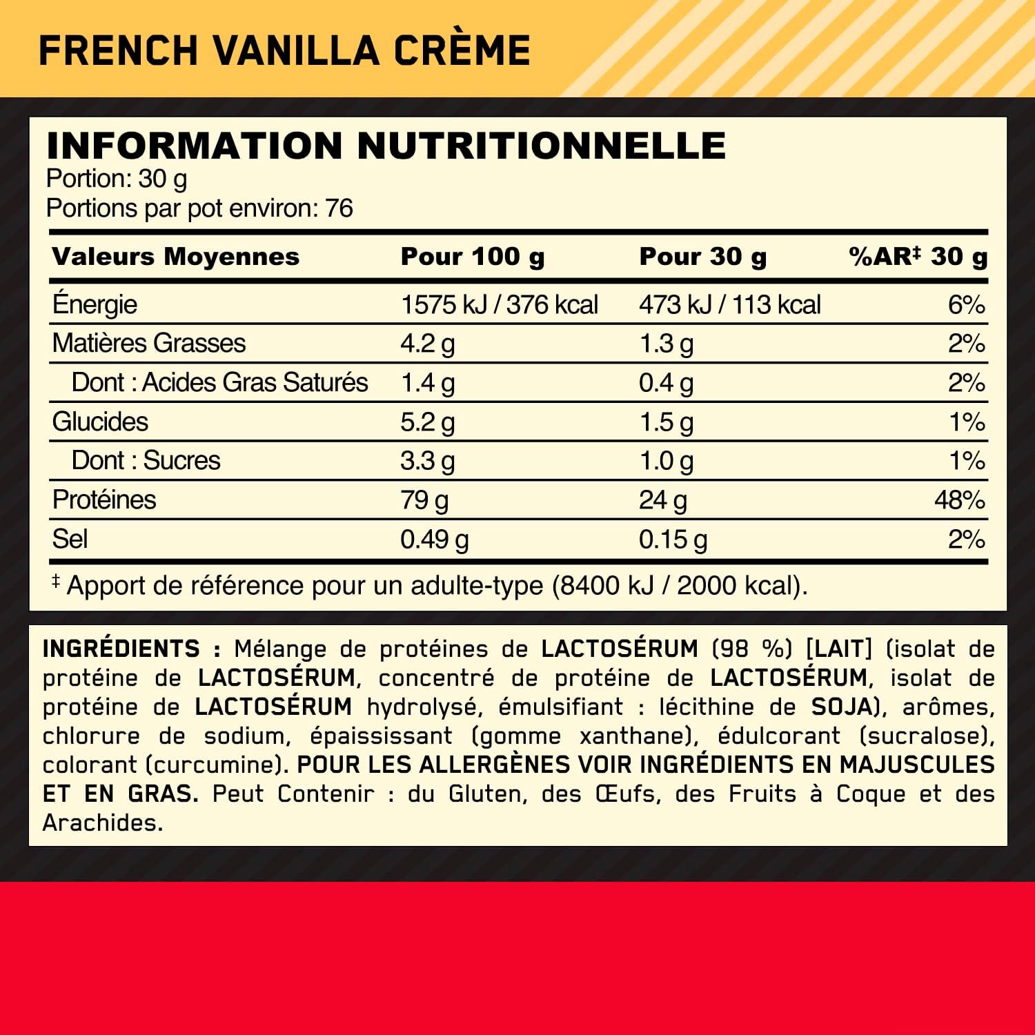 Optimum Nutrition Gold Standard 100% Whey, Protéine, Goût Crème à la Vanille Française, 2.28kg, 76 Doses