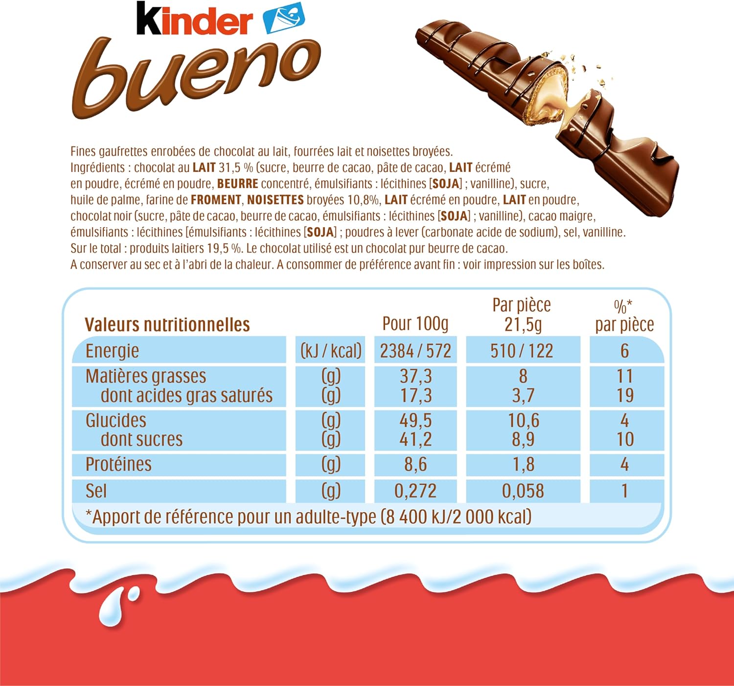 Kinder Bueno - Fine Gaufrette Enrobée de Chocolat au Lait avec un Coeur Lait et Noisettes - Goûter Fondant et Croustillant - Format à partager- 30 x 2 Barres (43g)