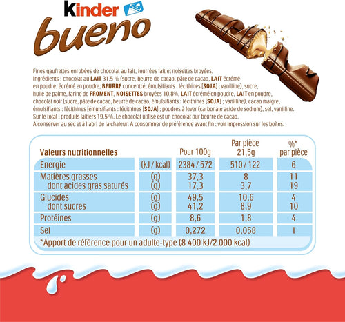 Kinder Bueno - Fine Gaufrette Enrobée de Chocolat au Lait avec un Coeur Lait et Noisettes - Goûter Fondant et Croustillant - Format à partager- 30 x 2 Barres (43g)