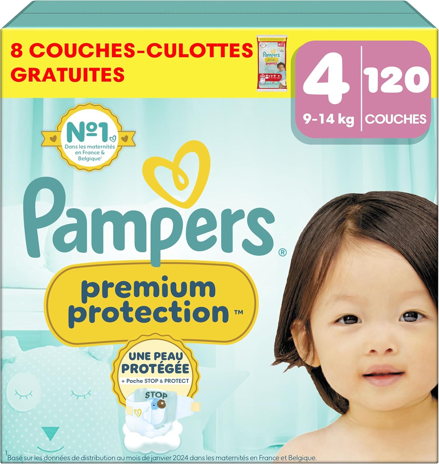Pampers Premium Protection Taille 4, 120 Couches, Double Protection Pour La Peau Et Contre Les Fuites + 8 couches-culottes gratuites
